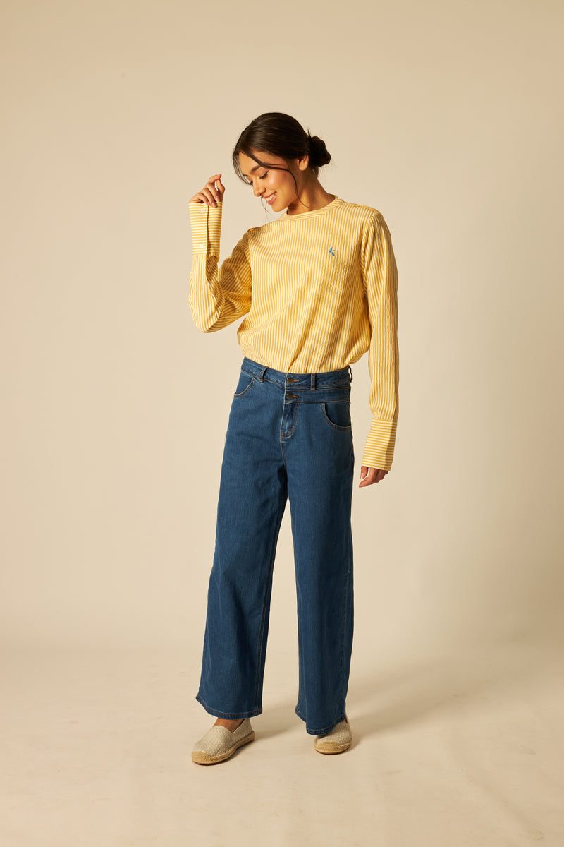 Buy Yellow Mandarin Collar Striped Shirt - Women's | Mimpikita